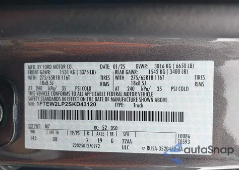 2025 Ford F-150 Stx из США, поврежденный, VIN 1FTEW2LP2SKD43120